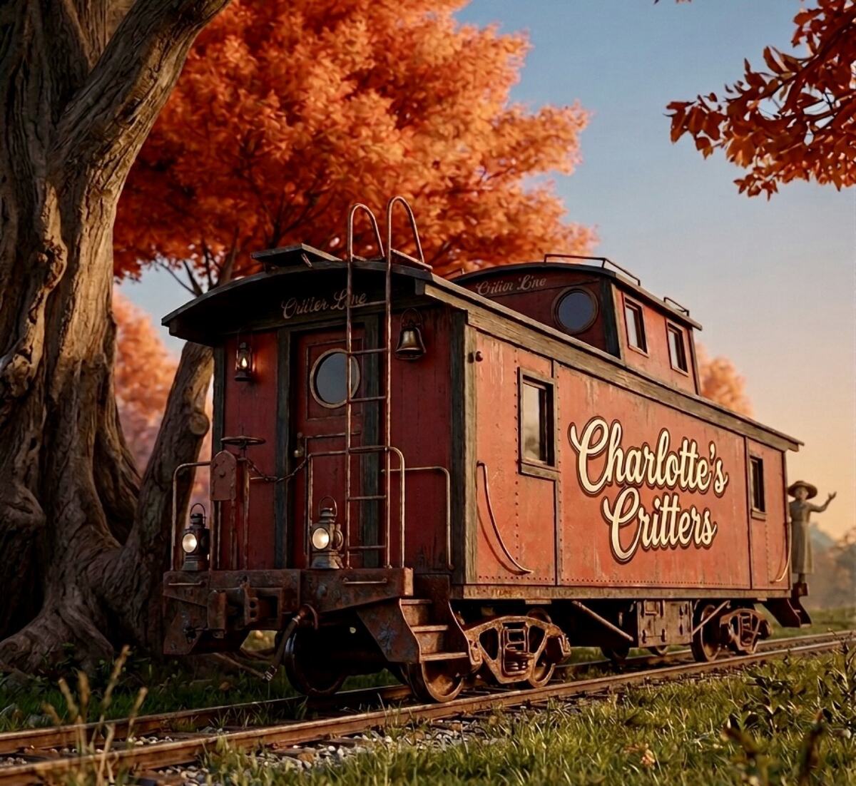 The rust-red Critter Caboose under autumn Ozarks trees, lettered Charlotte’s Critters