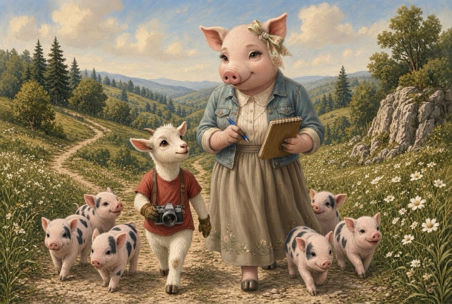 Louise walking the Ozark lane with Scoop the goat kid and her camera, piglets at their feet